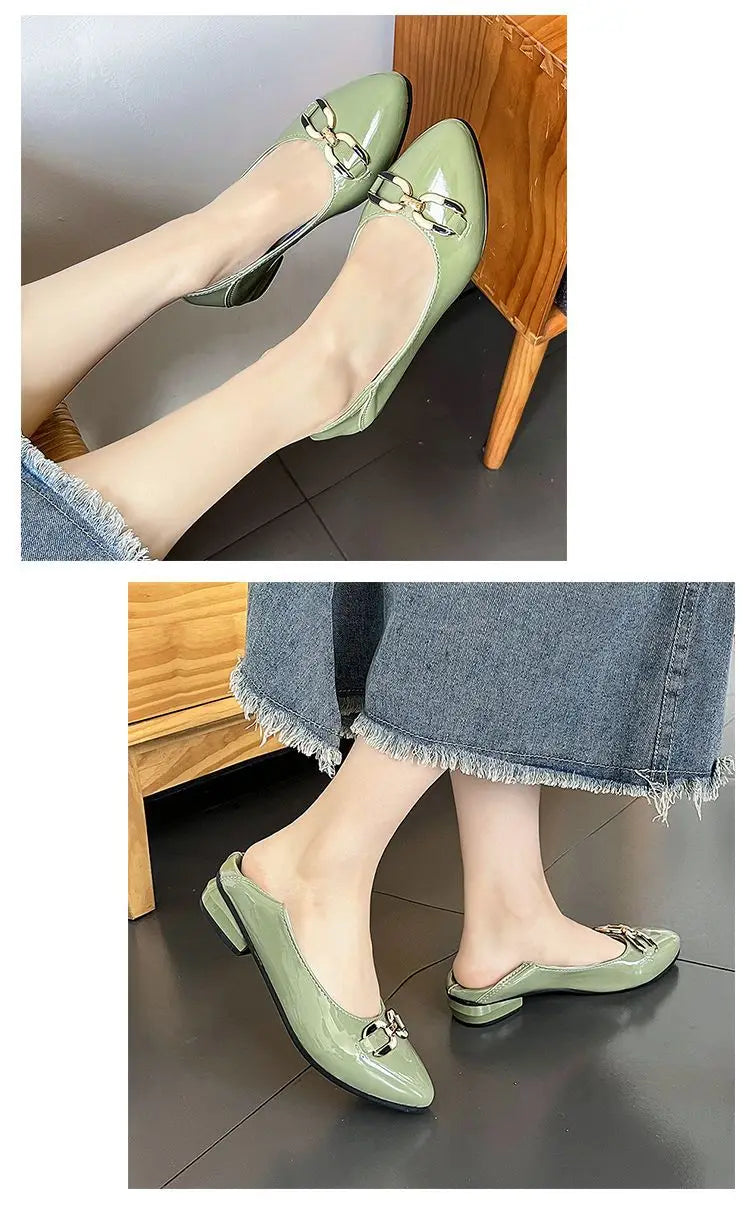 Pointed Toe Patent Leather Low Heel Single Slip on Classic Shoes