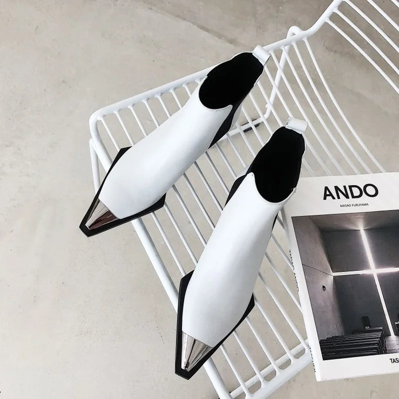 British Style Pointed Toe Cow Leather Chelsea Short Boots