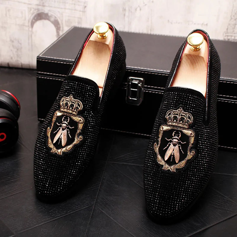 Pointed Rivet Embroidery Rhinestone Casual Loafers