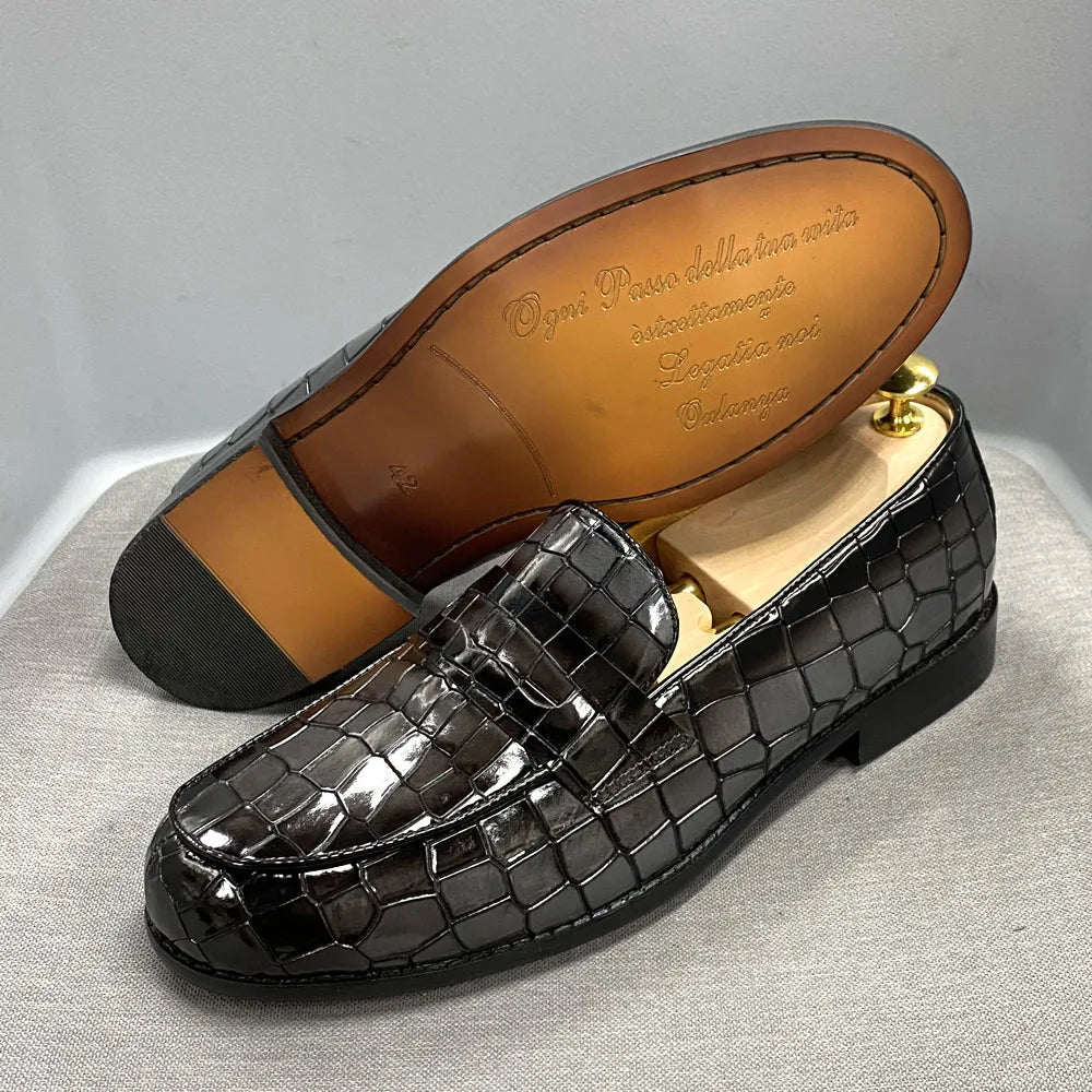 Genuine Cow Leather Round Toe Alligator Print Penny Loafer