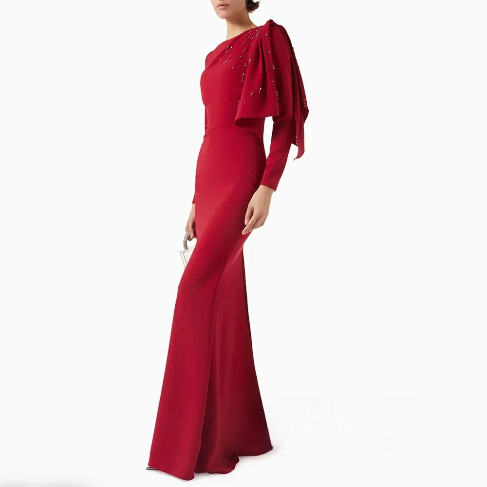 Red Modest Evening Dress Customized Round Neck Long Sleeves Beading Back Slit Mermaid Prom Gown Saudi Arabian Style Party Dresses