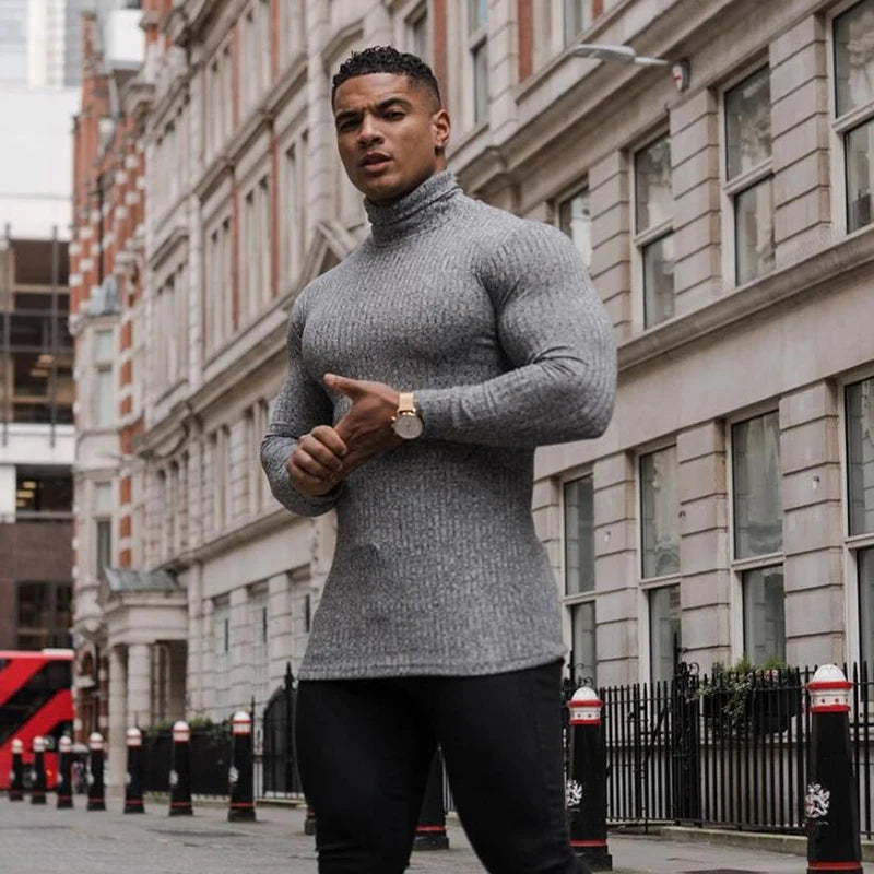 Plain  Slim Fit Turtleneck Knitted Long Sleeve Breathable Quick Dry T-shirts, Fitness Bodybuilding Muscle Sweater Pullover