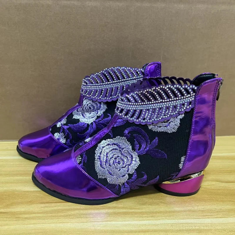Handmade Embroidery Elegant High Heel Ankle Boots