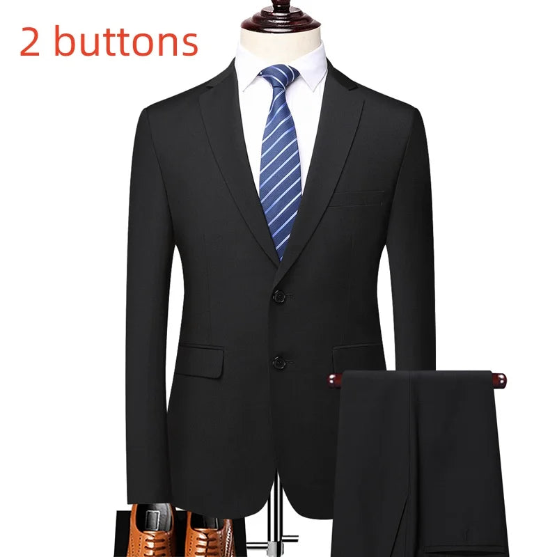 Suit (Blazer+ Pants) Fashion Men Outdoor Business Casual British Style Solid Color