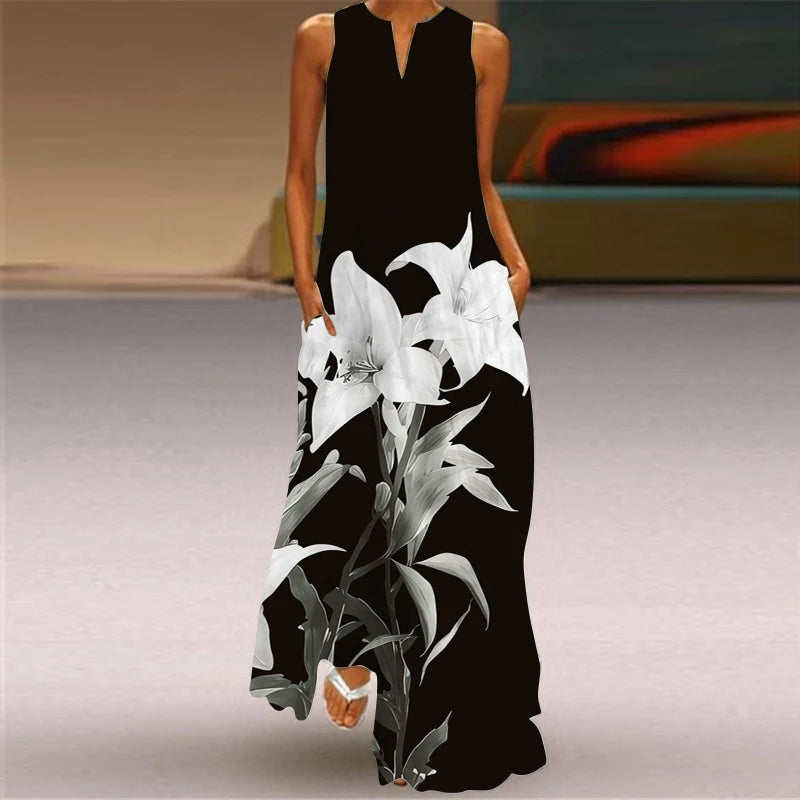 Elegant Sleeveless V-Neck Long Casual Dress