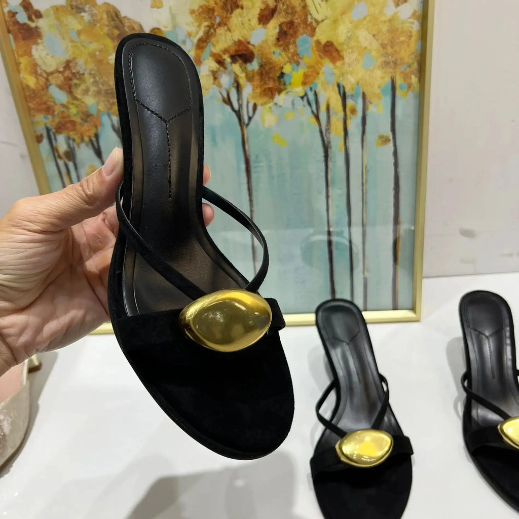 Black Metal Open Toe Thin Heels Slippers Sandals