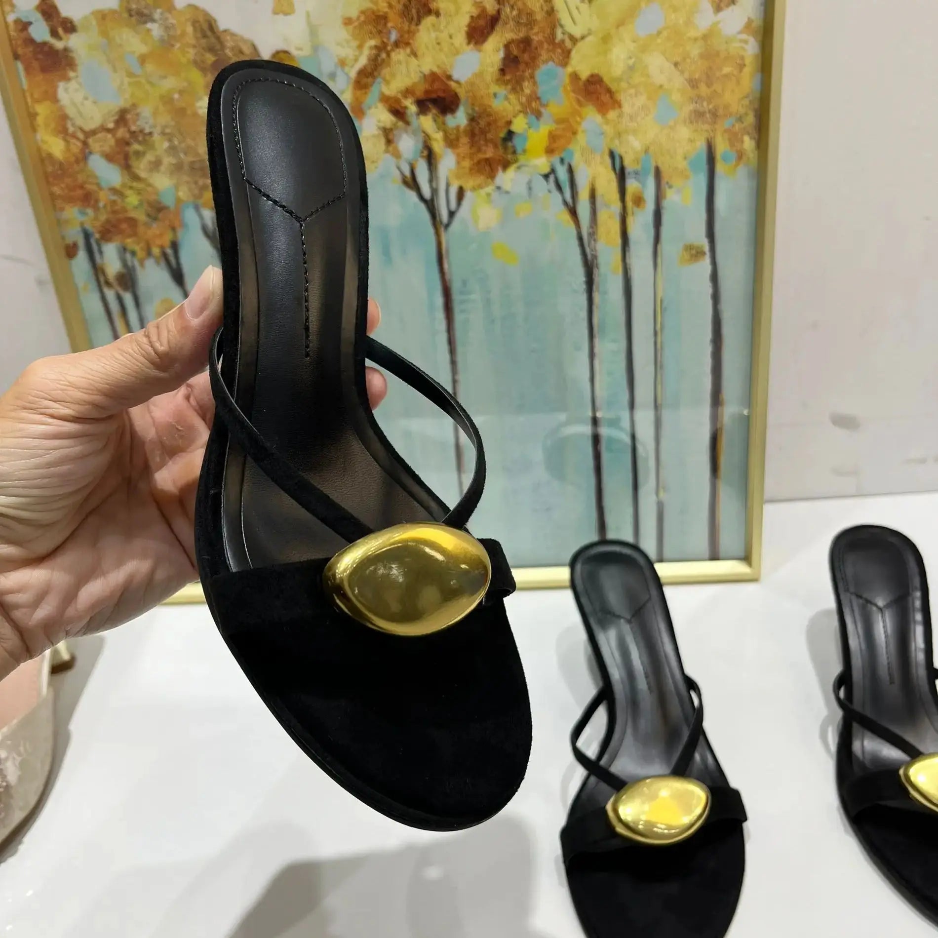 Black Metal Open Toe Thin Heels Slippers Sandals