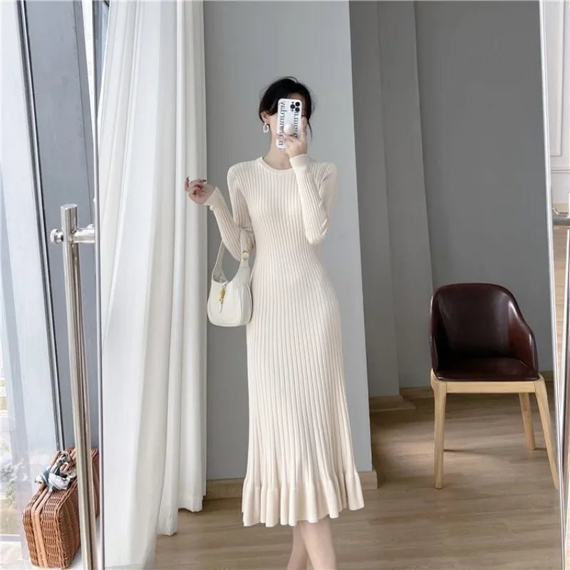 Knee Length Crochet Trendy Korean Fashion Knitted Dress