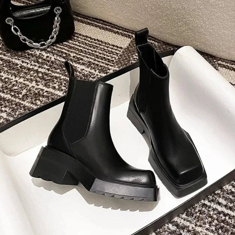 Black Chunky British Style Leather Heel Chelsea Ankle Boots