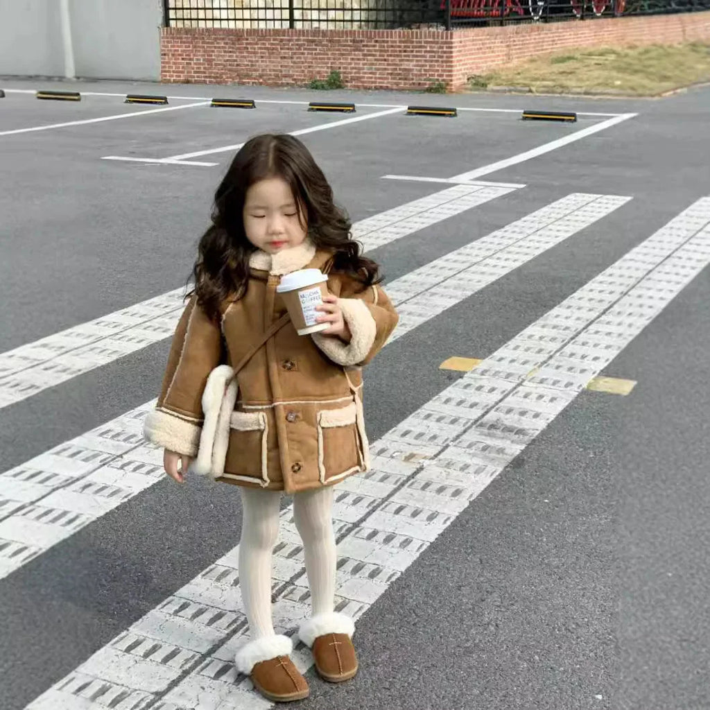 Girls Coat New Korean Fashionable Suede Hooded Coat Warm and Fashionable