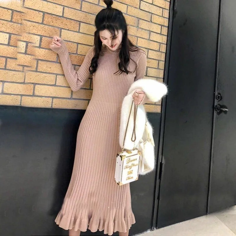 Knee Length Crochet Trendy Korean Fashion Knitted Dress