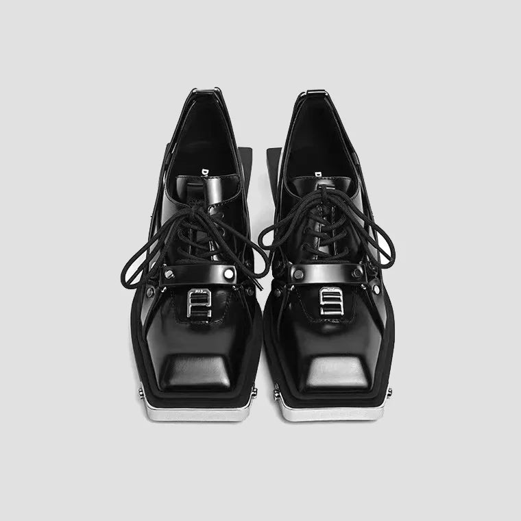 Metal Head Decorate Leather Thick-soled Non-slip Square Head Wedge Shoes