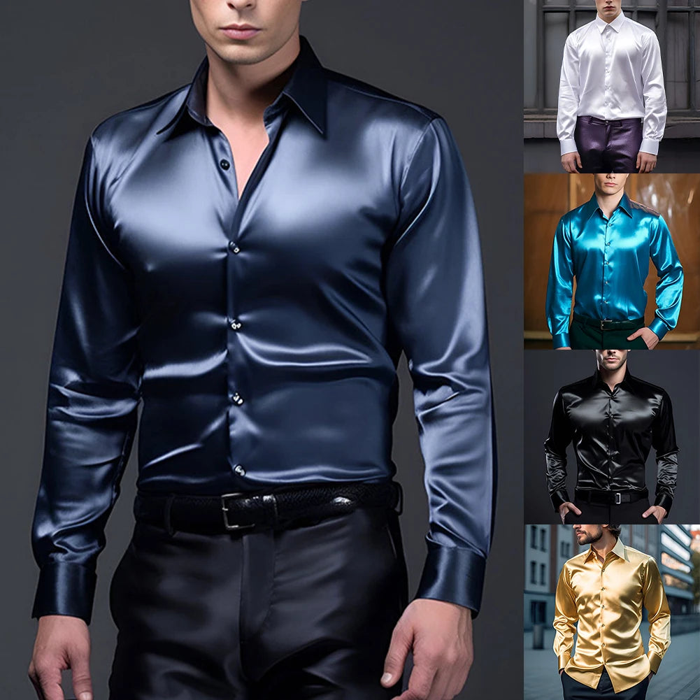 Slim Fit Single Breasted Button Lapel Collar Casual Satin Silk Dress Shirt
