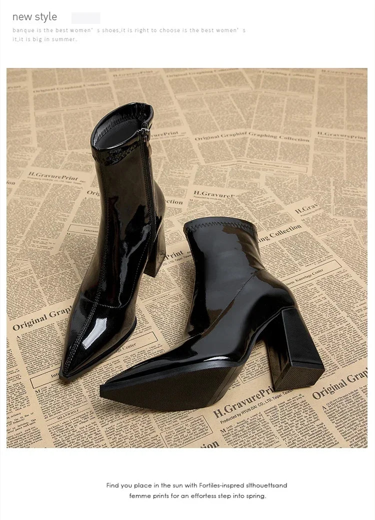 Pointed Toe Thick Heel French Ankle Boots