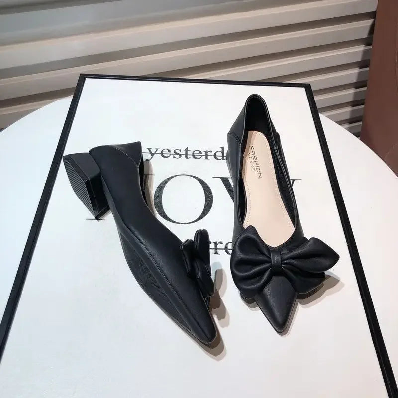 Low Heel Elegant Pointed Toe With Bow Slip-On