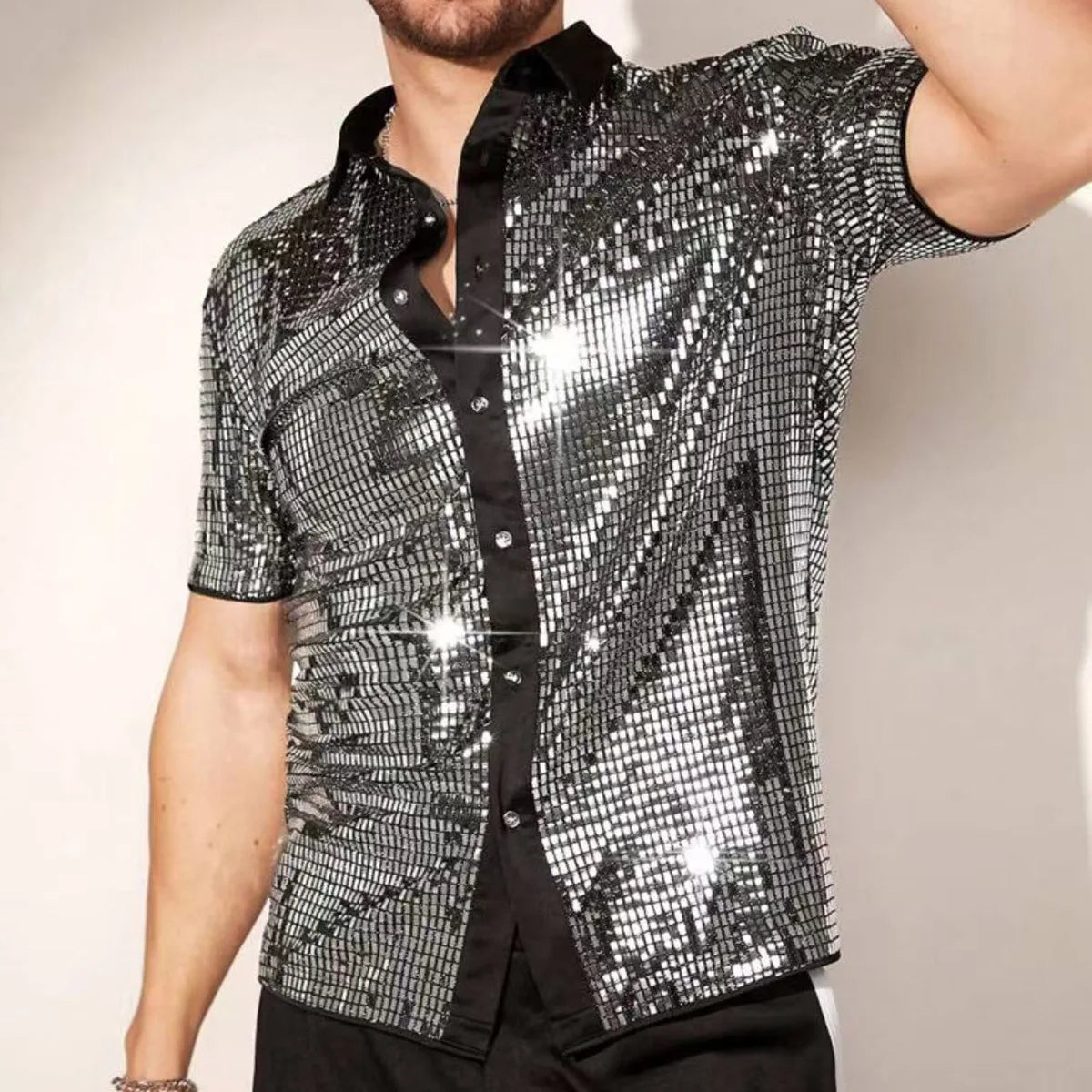 Shiny Sequin Short Sleeve Lapel Glitter Shirt