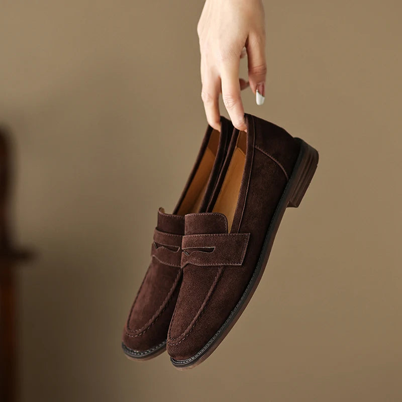 EAGSITY Cow Suede Leather Brown Loafer Shoes