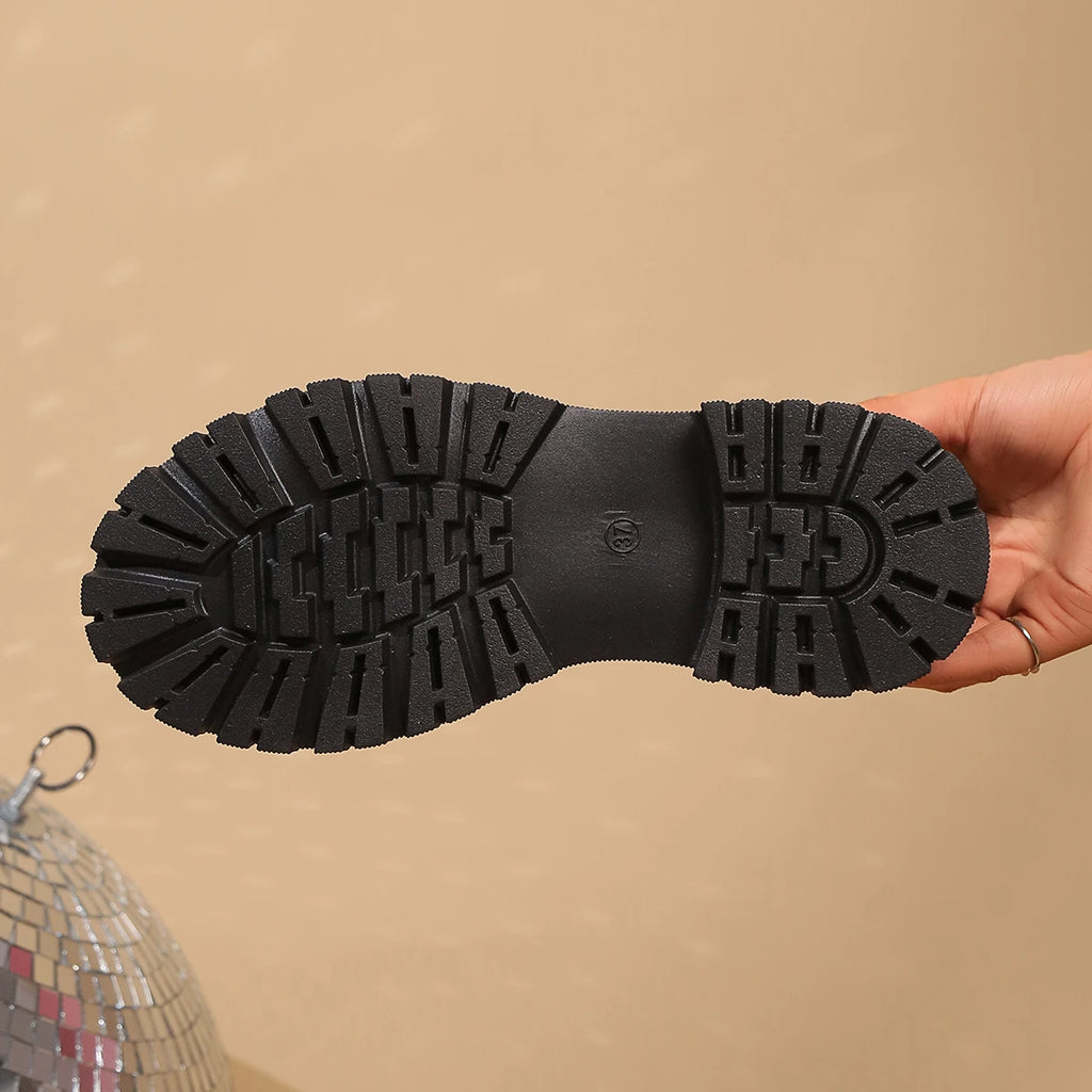 Women's Patent Leather Snake Print Round Toe Lace-up Thick-soled Oxford Shoes