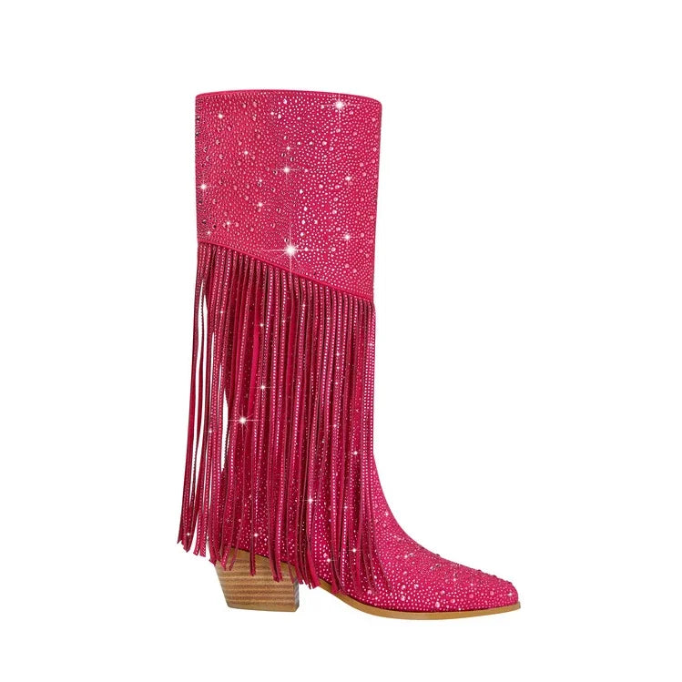 Chelsea Knee Length Rhinestone Zipper Pointed Tassels Boots