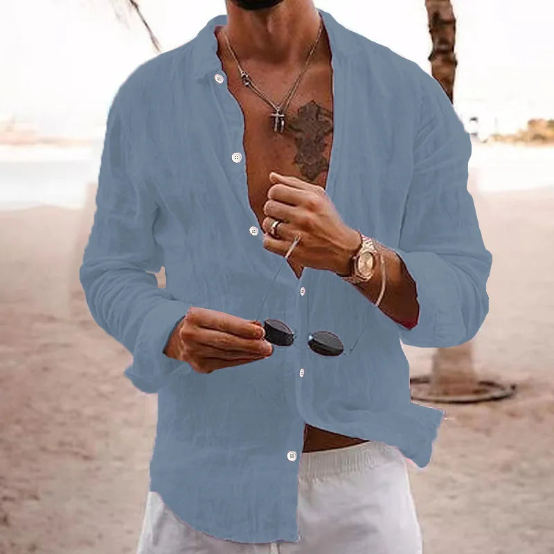 Men's shirt, solid color, loose-fitting, single-breasted, turn-down collar, cotton-linen long-sleeved top