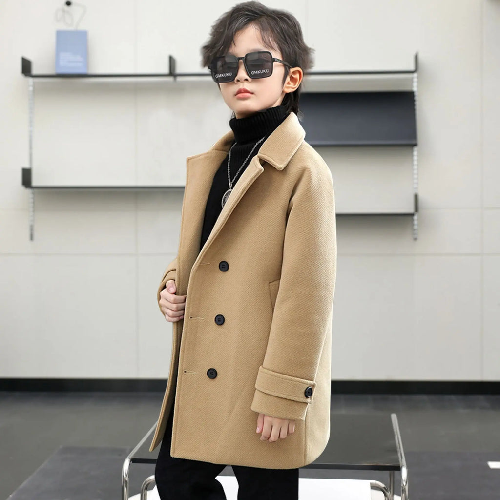 Handsome Boys British Style Winter Wool Long Coat 3-15Y