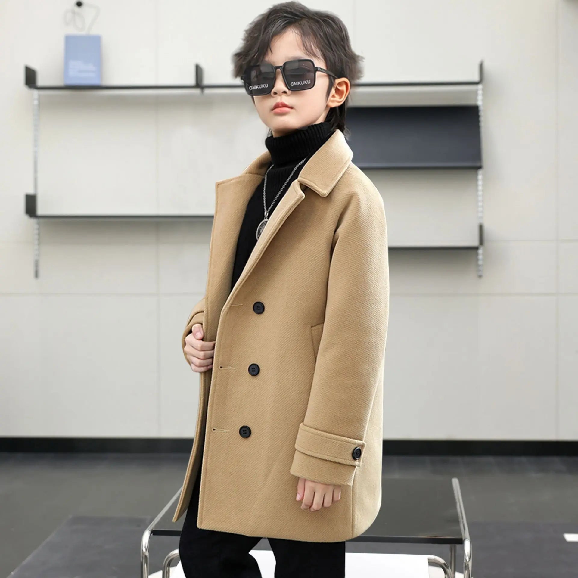 Handsome Boys British Style Winter Wool Long Coat 3-15Y