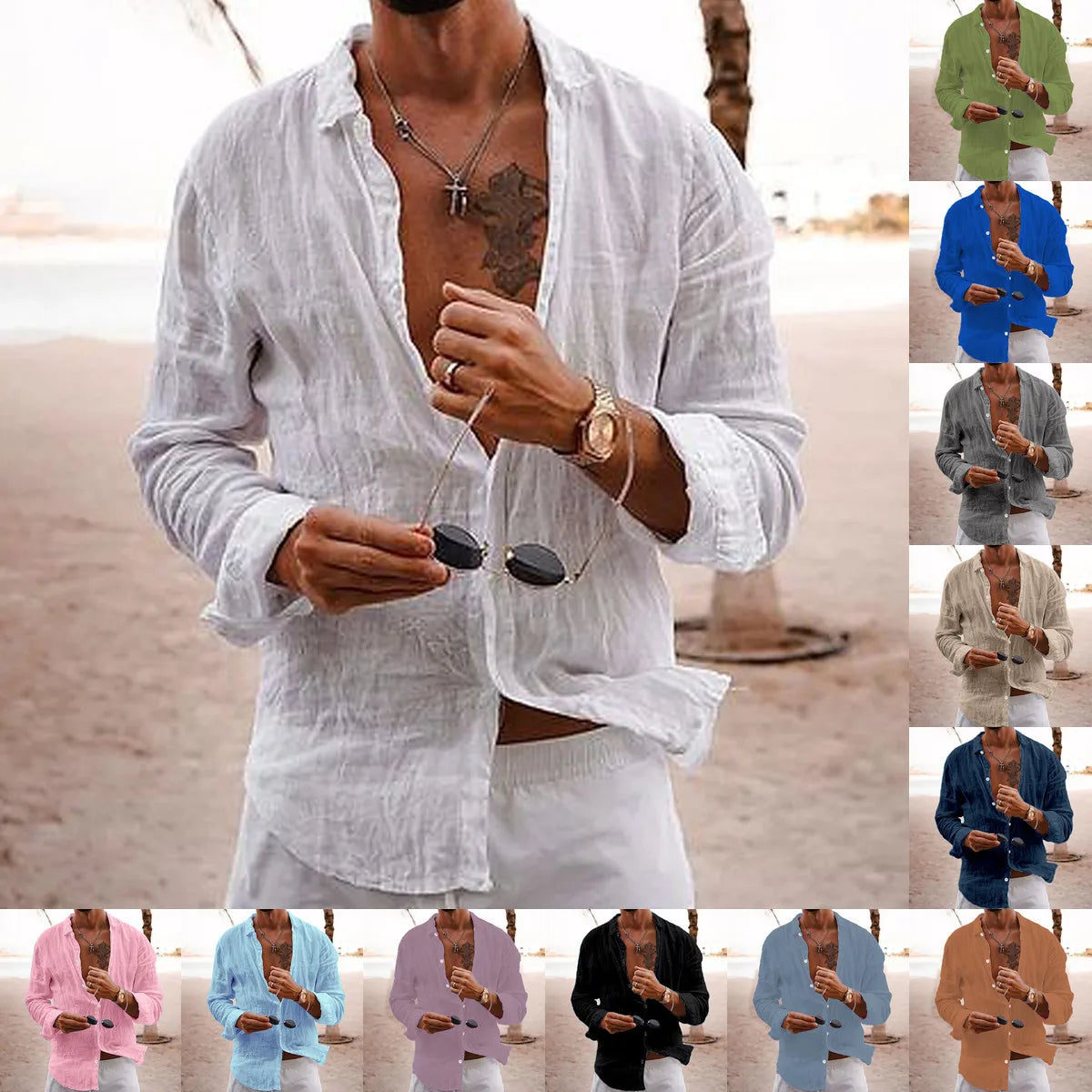 Men's shirt, solid color, loose-fitting, single-breasted, turn-down collar, cotton-linen long-sleeved top