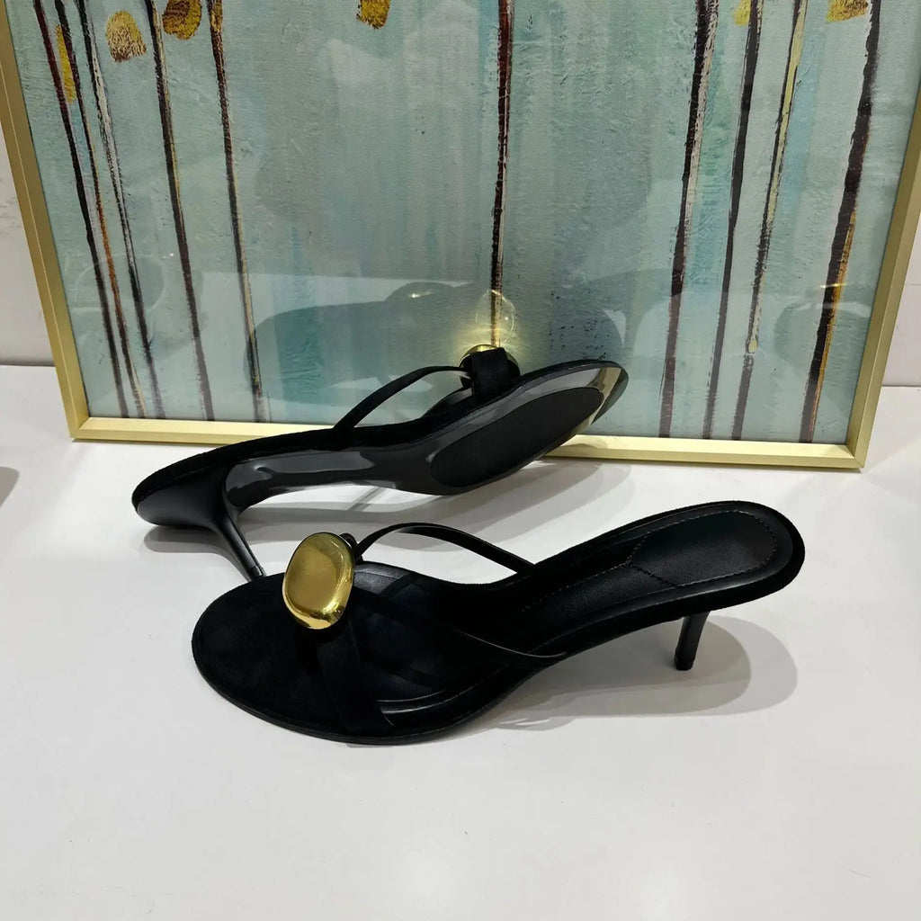 Black Metal Open Toe Thin Heels Slippers Sandals