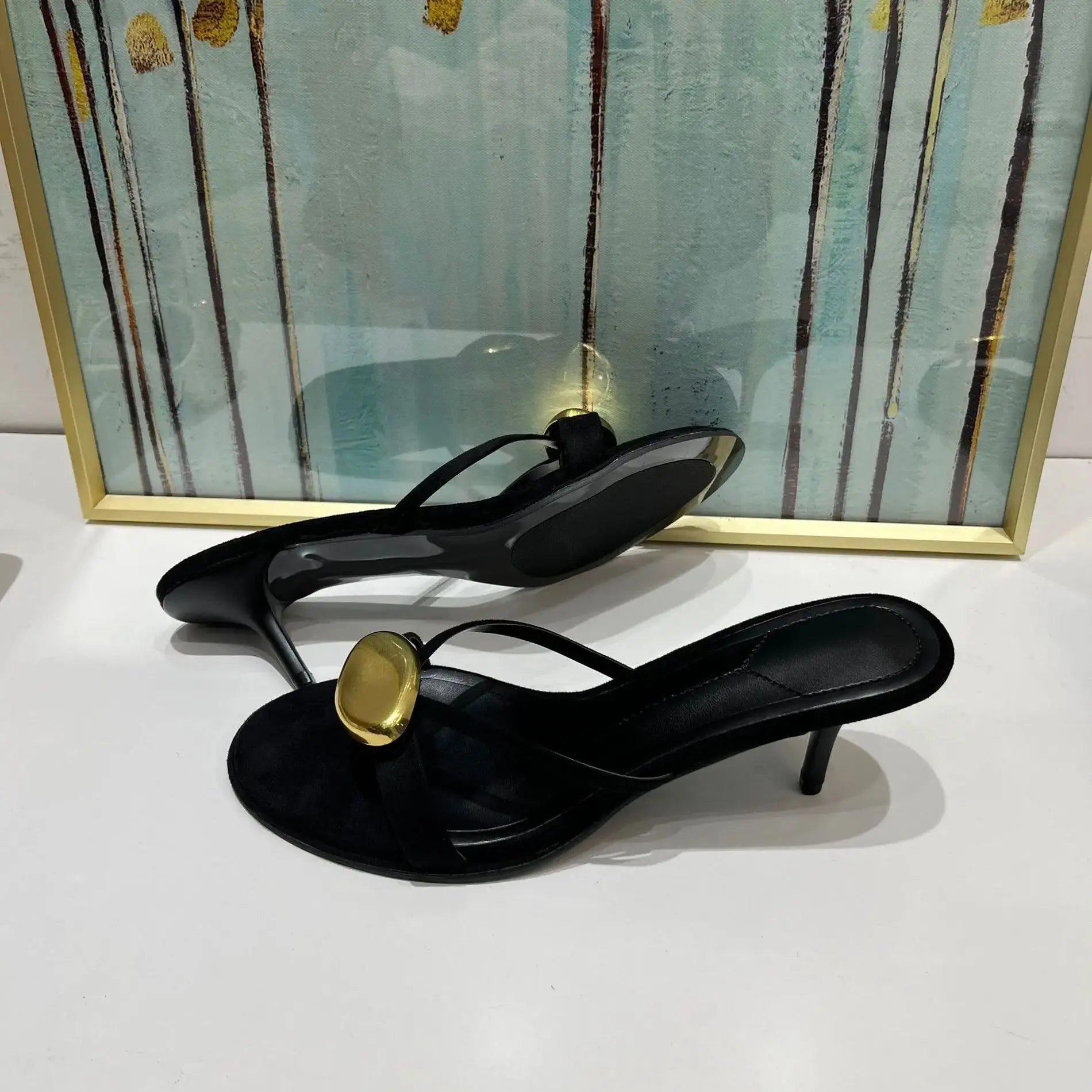 Black Metal Open Toe Thin Heels Slippers Sandals