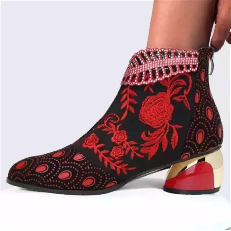 Handmade Embroidery Elegant High Heel Ankle Boots
