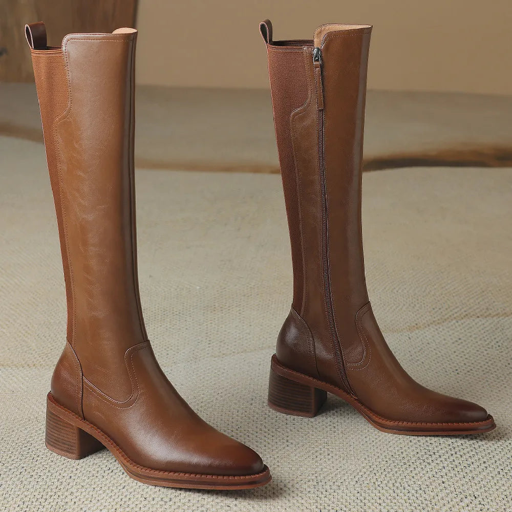 Women's Genuine Leather Side Zip Knee High Pointed Toe Boots