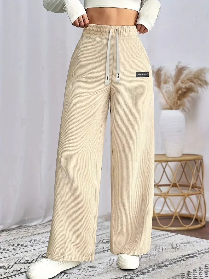 Women's Solid Tapered Trousers - Soft Comfortable All-Season Casual Pants with Drawstring Waist & Cuffed Hem Straight-Leg Design
