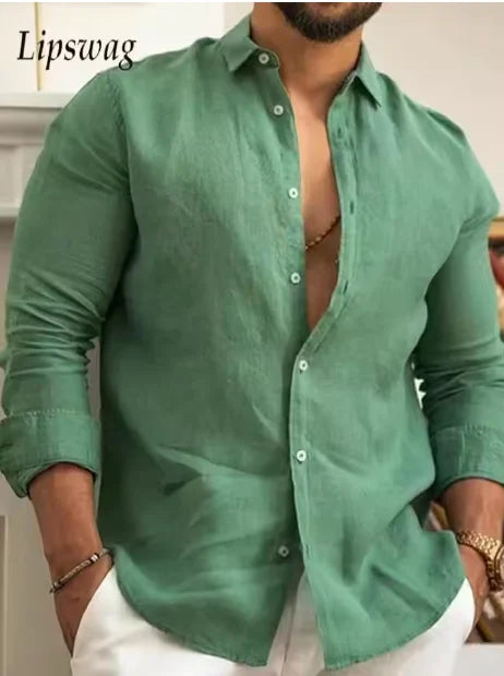 Solid Color Cotton Linen Plain Classic Button-up Lapel Long Sleeve Shirts