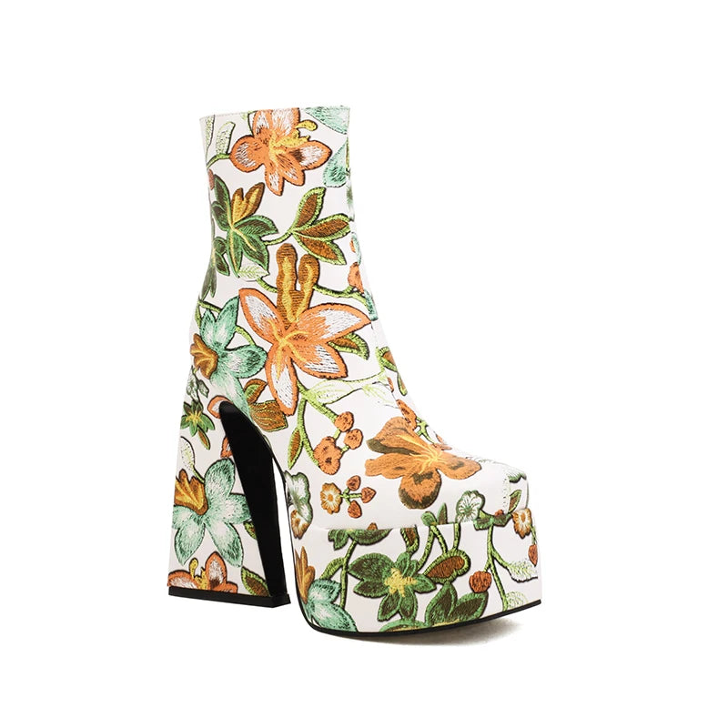 Colorful Flower Pattern Super High Cutout Chunky Heel Ankle Boots