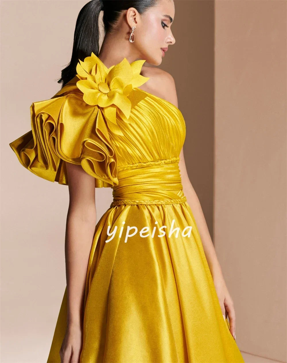 Exquisite Modern Pleat Draped Style Handmade Ruched A-line One-shoulder Long Dresses Evening Dress
