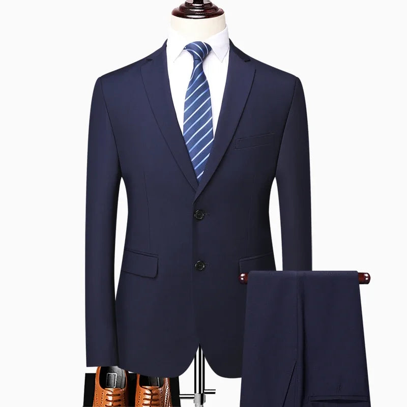 Suit (Blazer+ Pants) Fashion Men Outdoor Business Casual British Style Solid Color