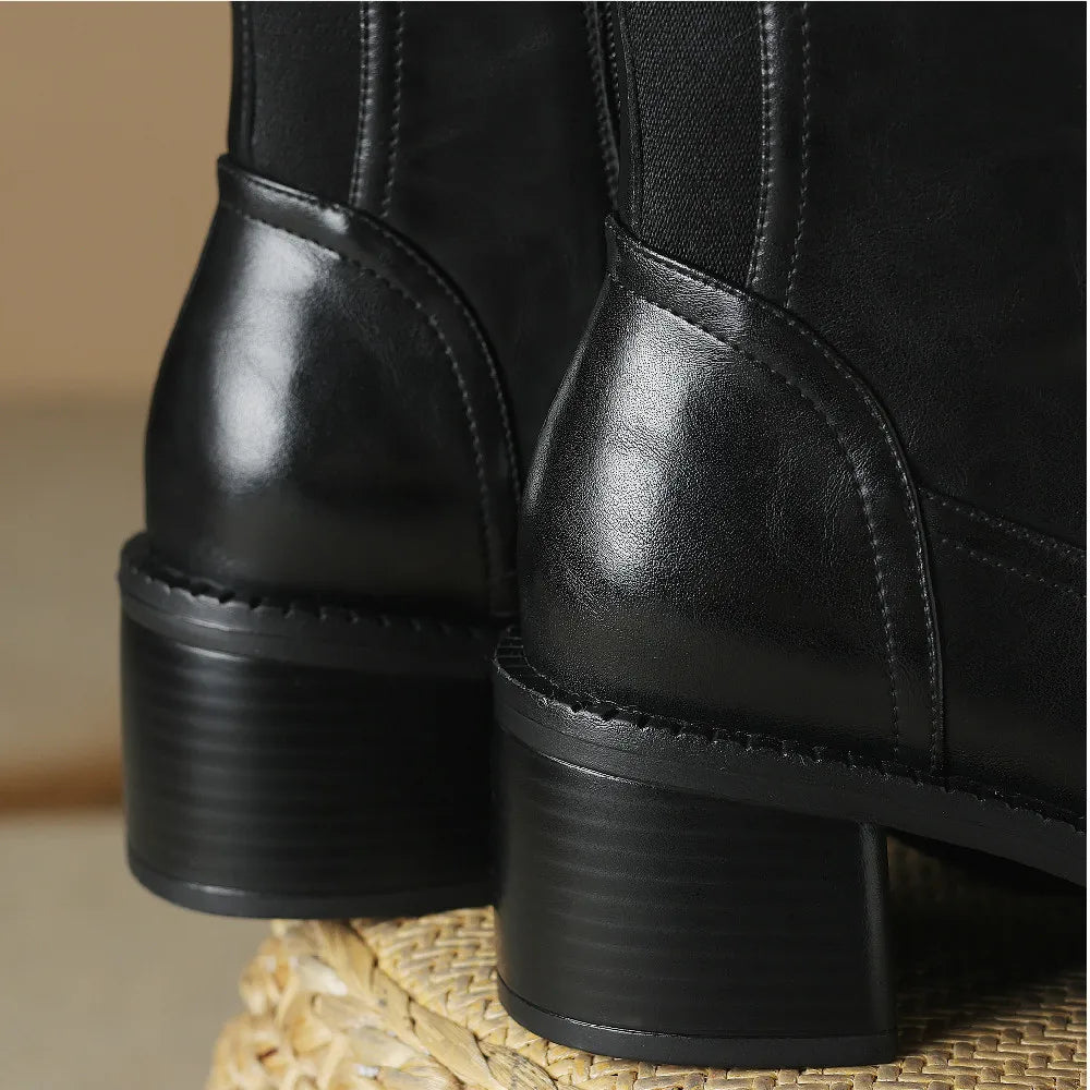 Women's Genuine Leather Side Zip Knee High Pointed Toe Boots