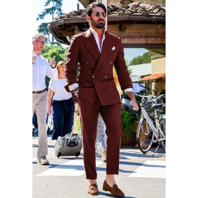 Two-piece Slim Fit Solid Color Double Breasted Spike Lapel