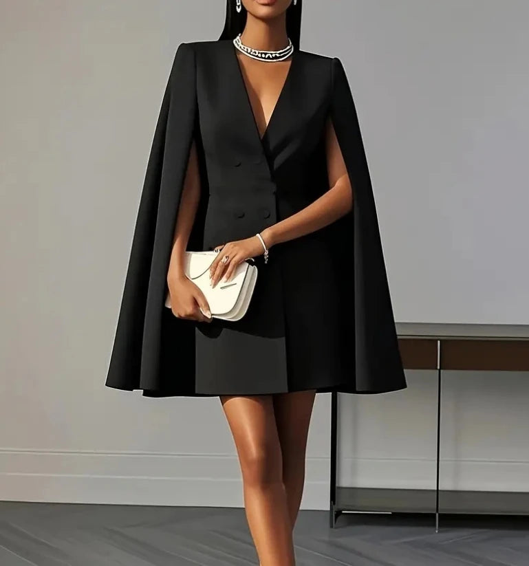 Elegant Double Breasted Shawl Cape Style Commuting Dresses