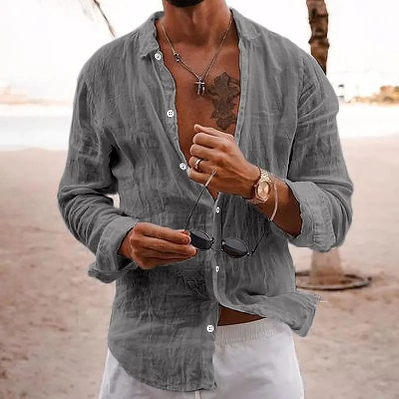 Men's shirt, solid color, loose-fitting, single-breasted, turn-down collar, cotton-linen long-sleeved top