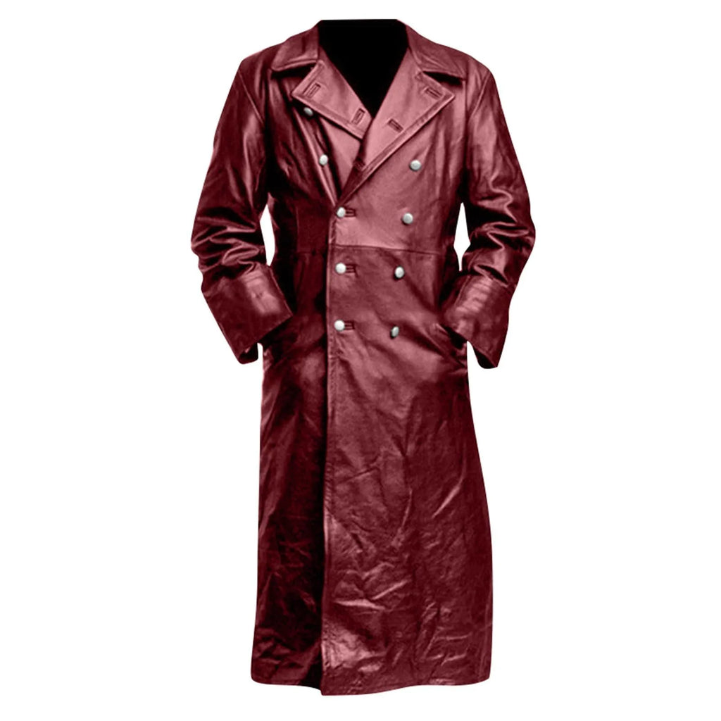 Faux Leather Double Breasted Long Coat