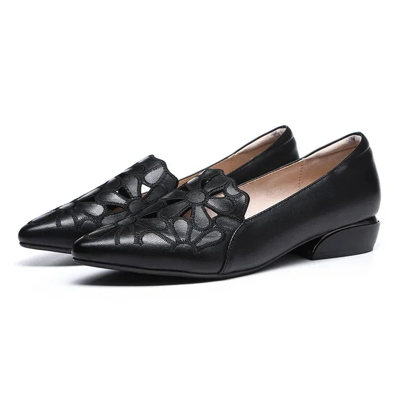 Mid Heel Leather Hollow Out Black Square Heel Shoes