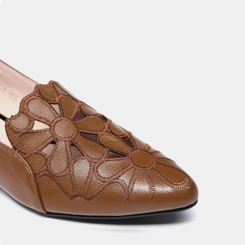 Mid Heel Leather Hollow Out Black Square Heel Shoes