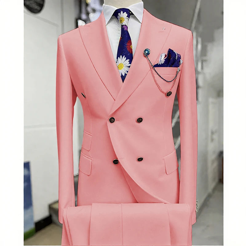 Suits for Men 2 Piece Solid Color Formal Business Casual Male Suit Fashion Peak Lapel Double Breasted Wedding Groom Tuxedo