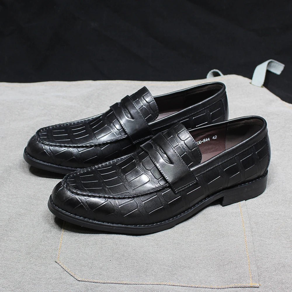 Handmade Crocodile Print Genuine Leather Slip-On Loafers