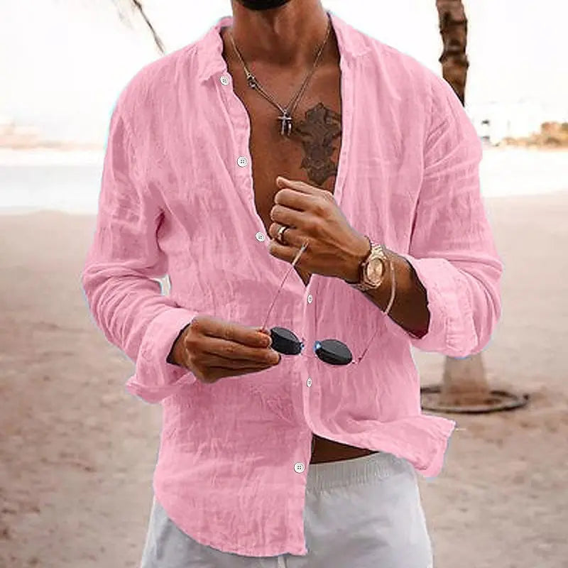Men's shirt, solid color, loose-fitting, single-breasted, turn-down collar, cotton-linen long-sleeved top