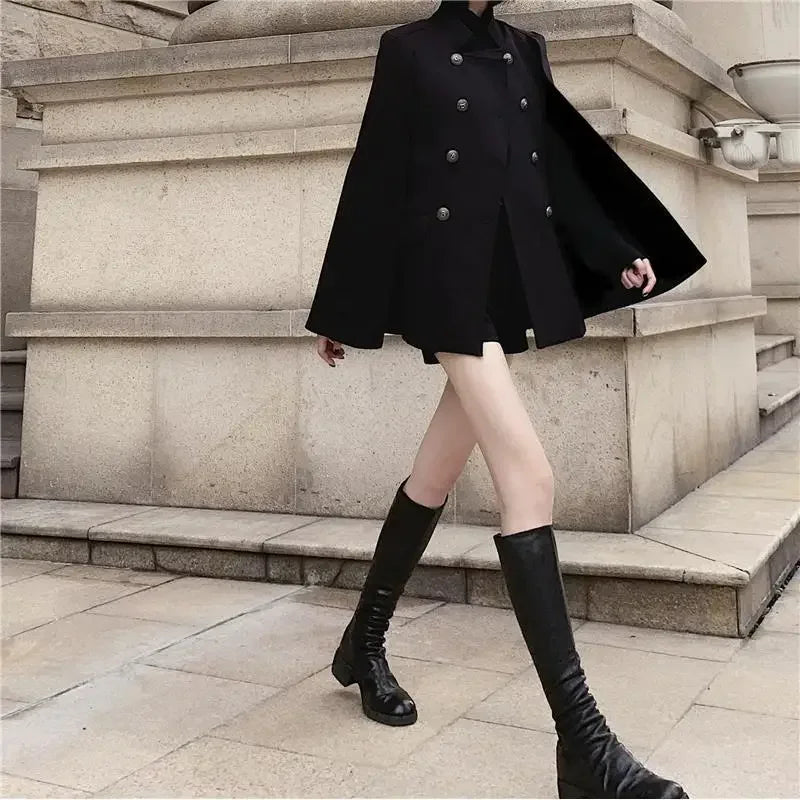 Black Cape Woolen Coat