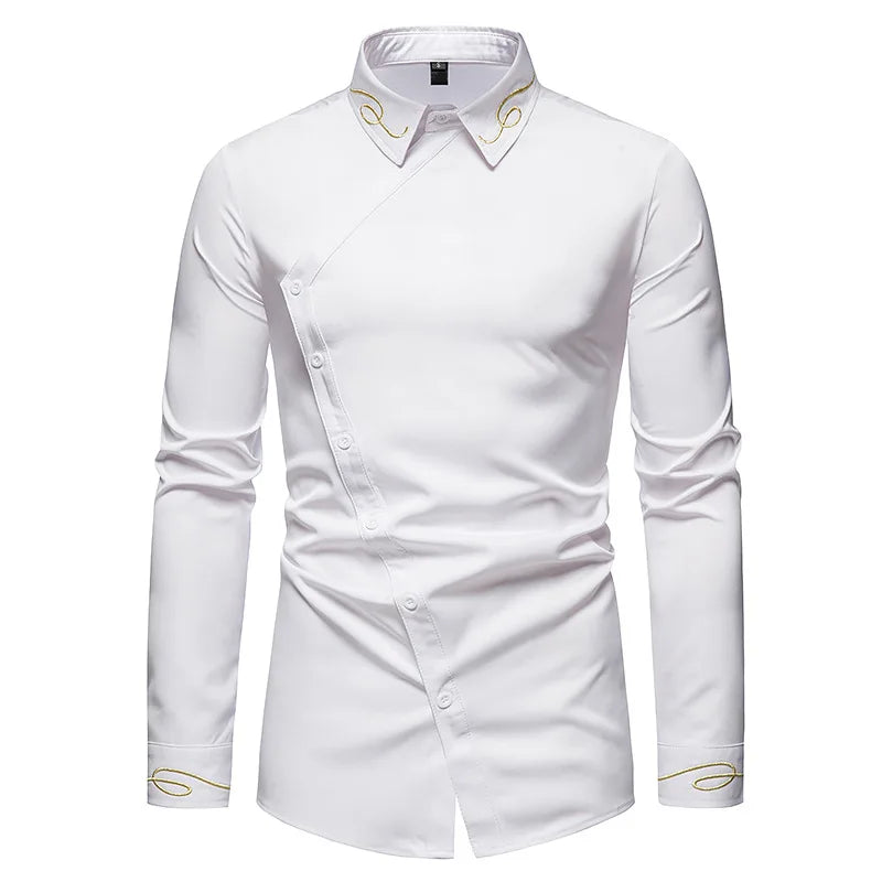 Men's Irregular Oblique Button Up Dress Elegant Embroidery Shirts