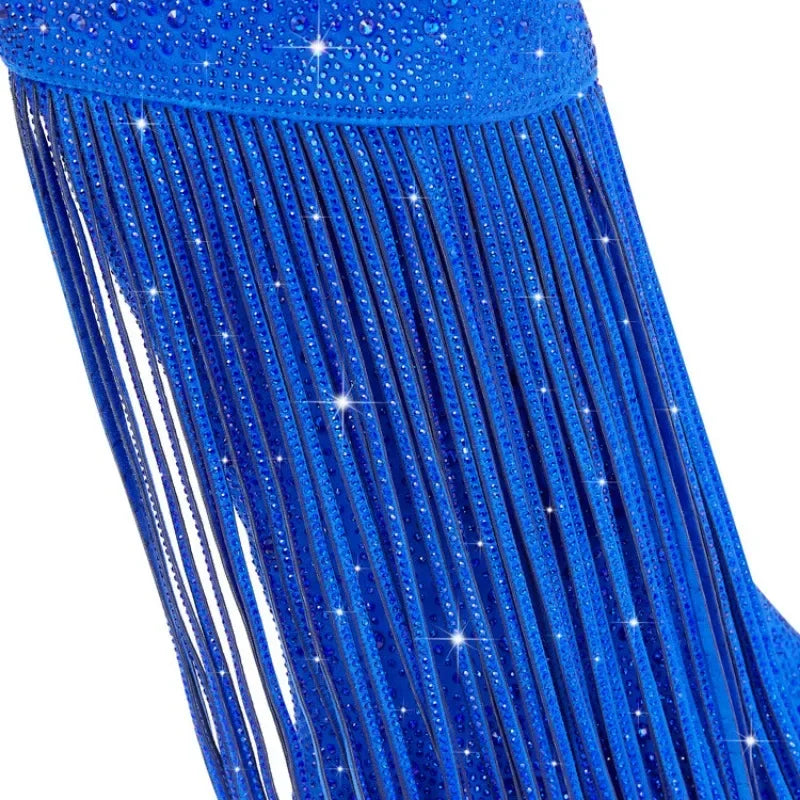 Chelsea Knee Length Rhinestone Zipper Pointed Tassels Boots