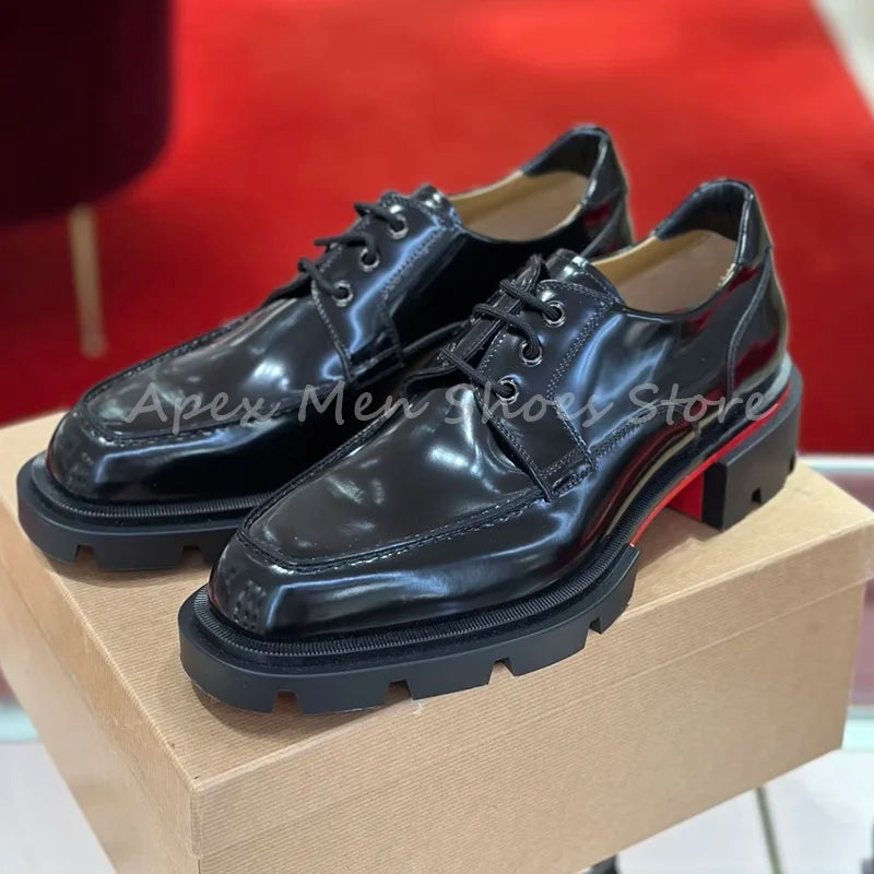 Black Glossy Chunky Sole Lace Up Cow Leather Oxford Shoes